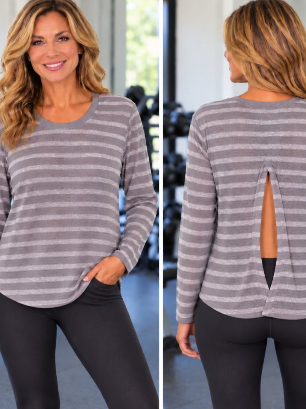 MAX STUDIO Performance Perferated Tee w/Back Opening & Tie Gray Stripe L